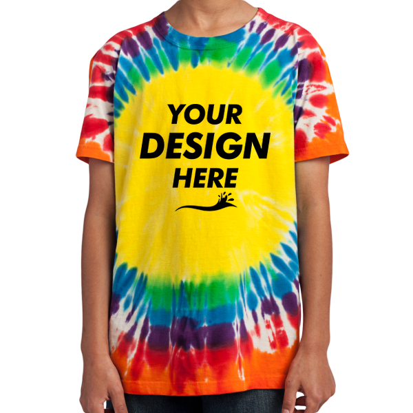 Port & Co Youth Window Tie Dye Tee, Rainbow, Front view, Mockup