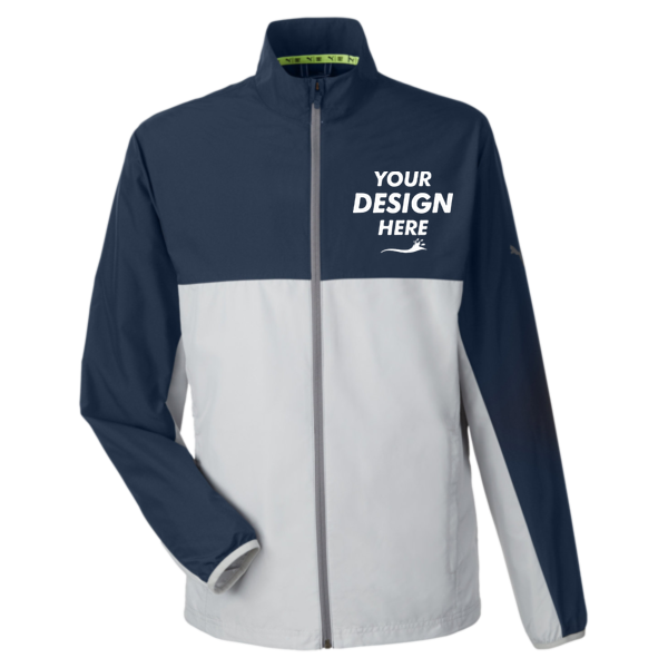 Puma Golf Men's 1st Mile Wind Jacket, Navy Blazer / High Rise, Front view, Mockup