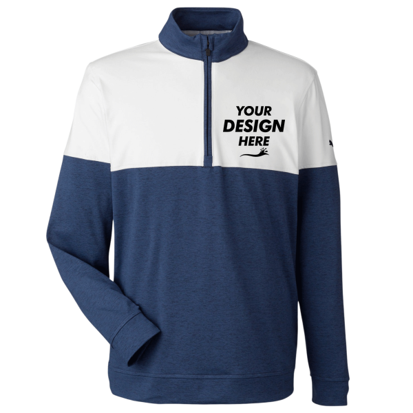 Puma Golf Men's Cloudspun Warm Up Quarter-Zip Pullover, Peacoat / Bright White, Front view, Mockup