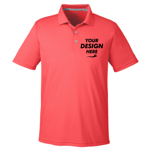 Puma Golf Men's Gamer Golf Polo, Hot Coral, Front view, Mockup
