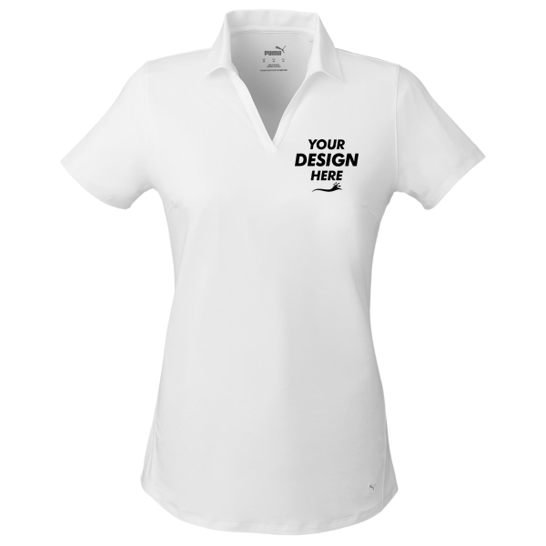 Puma Golf Women's Cloudspun Free V-neck Polo, Bright White, Front view, Mockup