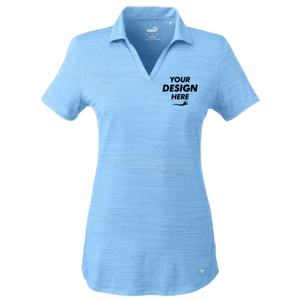 Puma Golf Women's Cloudspun Free V-neck Polo, Placid Blue Heather, Front view, Mockup