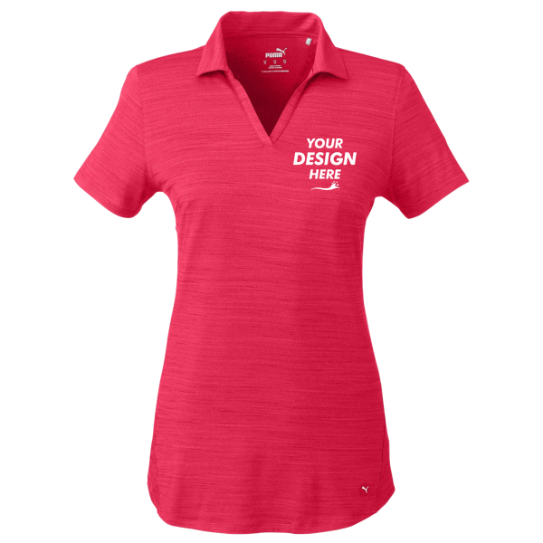 Puma Golf Women's Cloudspun Free V-neck Polo, Teaberry Heather, Front view, Mockup