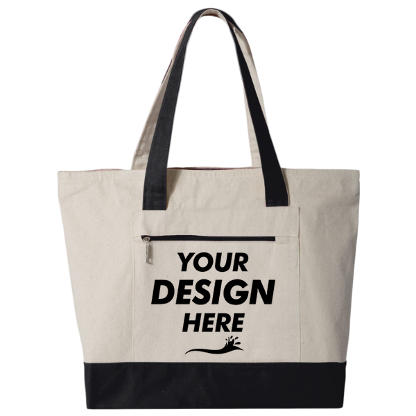 Q-Tees 19L Zippered Tote, Natural / Black, Front view, Mockup