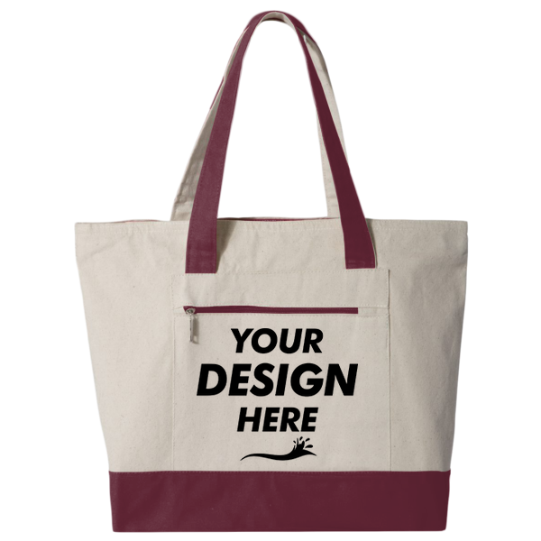 Q-Tees 19L Zippered Tote, Natural / Maroon, Front view, Mockup