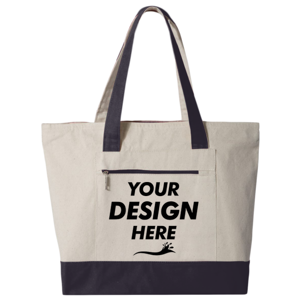 Q-Tees 19L Zippered Tote, Natural / Navy, Front view, Mockup