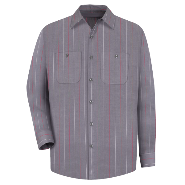 Red Kap Men's Industrial Long Sleeve Work Shirt, Charcoal / Red / White Stripe, Front view