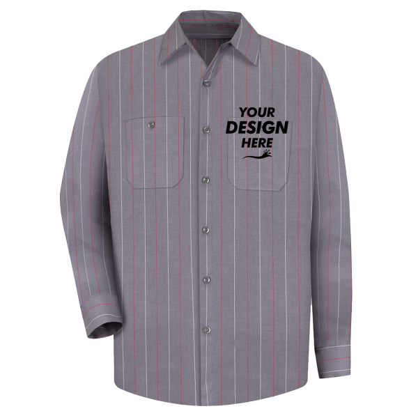 Red Kap Men's Industrial Long Sleeve Work Shirt, Charcoal / Red / White Stripe, Front view, Mockup