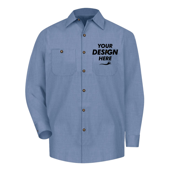 Red Kap Men's Industrial Long Sleeve Work Shirt, Denim Blue Microcheck / Denim Blue Microcheck / Denim Blue Microcheck, Front view, Mockup