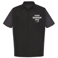 Red Kap Men's Short Sleeve Automotive Crew Shirt, Black / Charcoal, Front view, Mockup