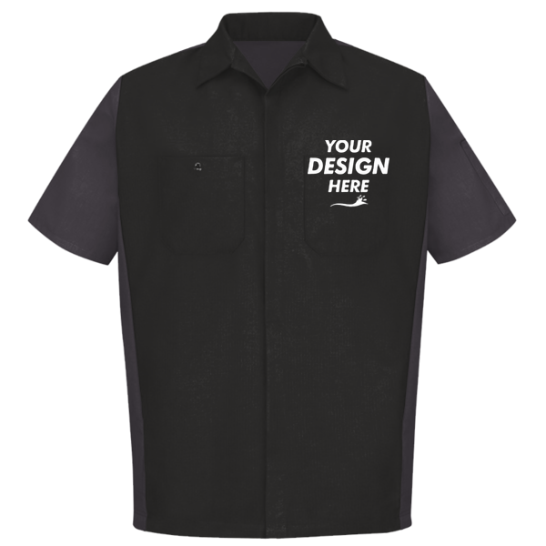 Red Kap Men's Short Sleeve Automotive Crew Shirt, Black / Charcoal, Front view, Mockup
