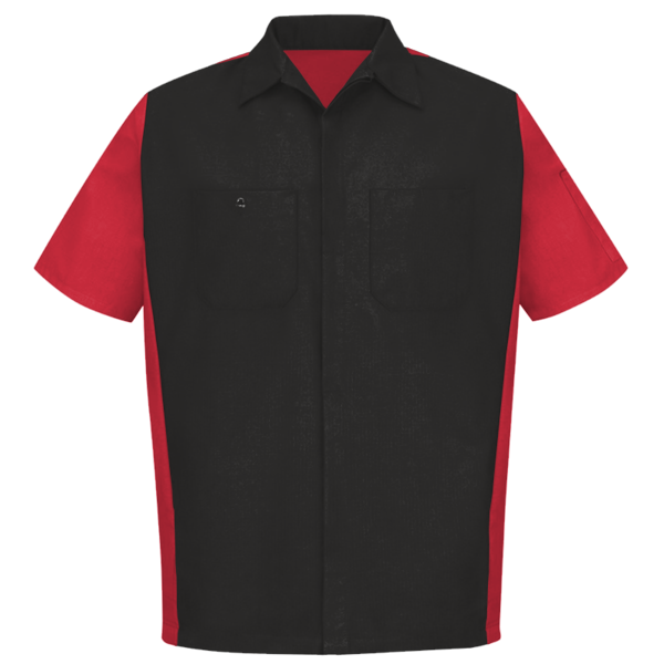 Red Kap Men's Short Sleeve Automotive Crew Shirt, Black / Red, Front view
