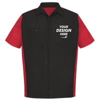 Red Kap Men's Short Sleeve Automotive Crew Shirt, Black / Red, Front view, Mockup