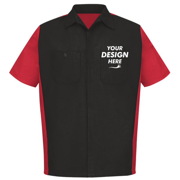 Red Kap Men's Short Sleeve Automotive Crew Shirt, Black / Red, Front view, Mockup
