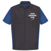 Red Kap Men's Short Sleeve Automotive Crew Shirt, Charcoal / Royal, Front view, Mockup
