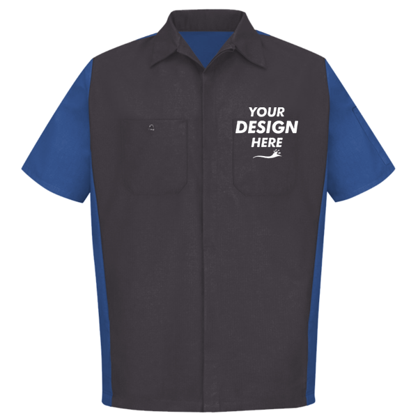 Red Kap Men's Short Sleeve Automotive Crew Shirt, Charcoal / Royal, Front view, Mockup
