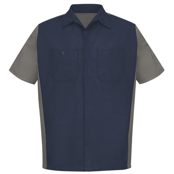 Red Kap Men's Short Sleeve Automotive Crew Shirt, Navy / Grey, Front view