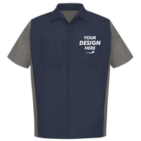 Red Kap Men's Short Sleeve Automotive Crew Shirt, Navy / Grey, Front view, Mockup