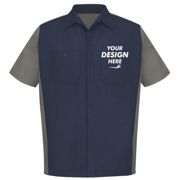 Red Kap Men's Short Sleeve Automotive Crew Shirt, Navy / Grey, Front view, Mockup