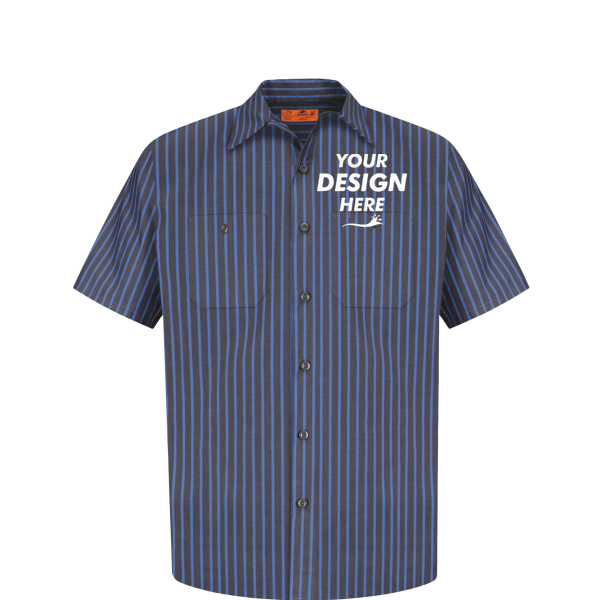 Red Kap Short Sleeve Striped Industrial Work Shirt, Grey / Blue, Front view, Mockup