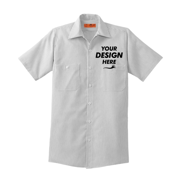 Red Kap Short Sleeve Striped Industrial Work Shirt, Grey / White, Front view, Mockup