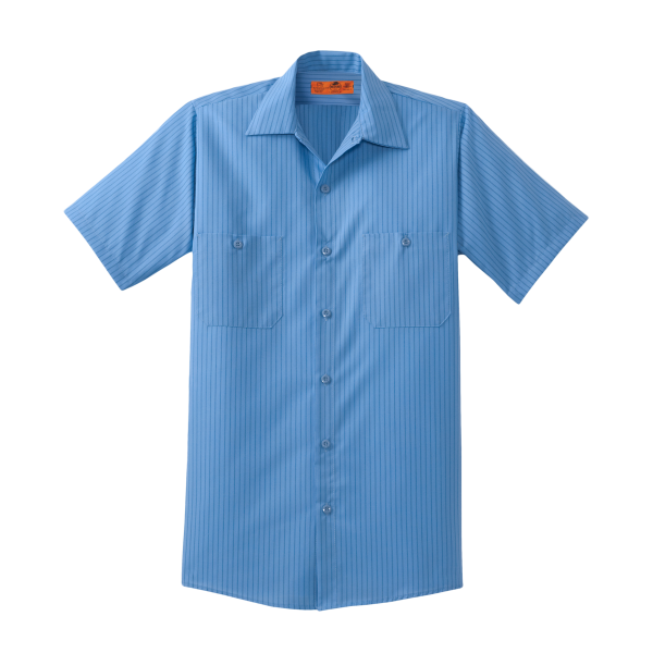 Red Kap Short Sleeve Striped Industrial Work Shirt, Petrol Blue / Navy, Front view