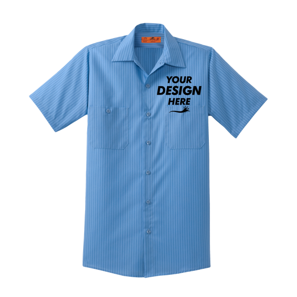 Red Kap Short Sleeve Striped Industrial Work Shirt, Petrol Blue / Navy, Front view, Mockup
