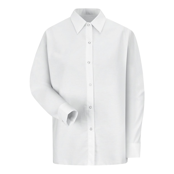Red Kap Women's Long Sleeve Specialized Pocketless Poplin Work Shirt, White, Front view