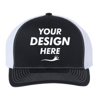 Richardson 112+ R-Flex Adjustable Trucker Cap, Black / White, Front view, Mockup