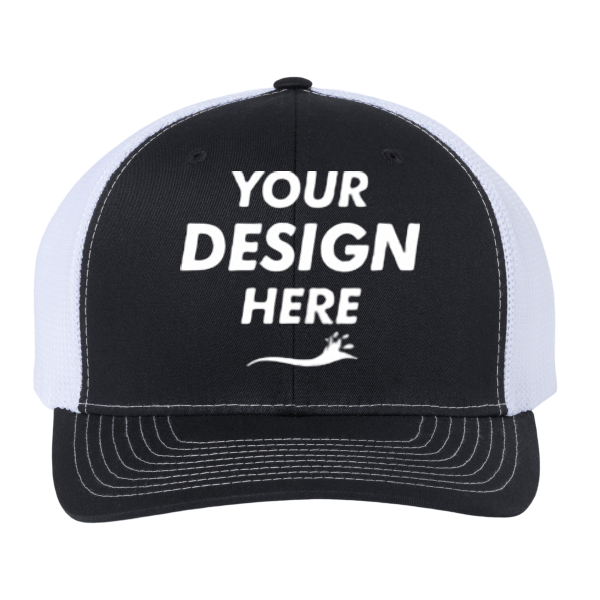 Richardson 112+ R-Flex Adjustable Trucker Cap, Black / White, Front view, Mockup