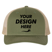 Richardson Five-Panel Trucker Cap, Army Olive Green / Tan / Tan, Front view, Mockup