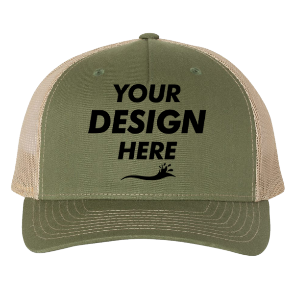 Richardson Five-Panel Trucker Cap, Army Olive Green / Tan / Tan, Front view, Mockup