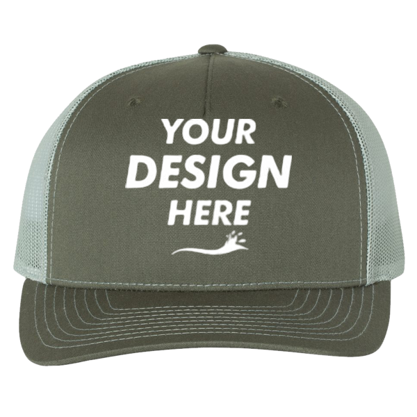 Richardson Five-Panel Trucker Cap, Beetle / Quarry / Quarry, Front view, Mockup