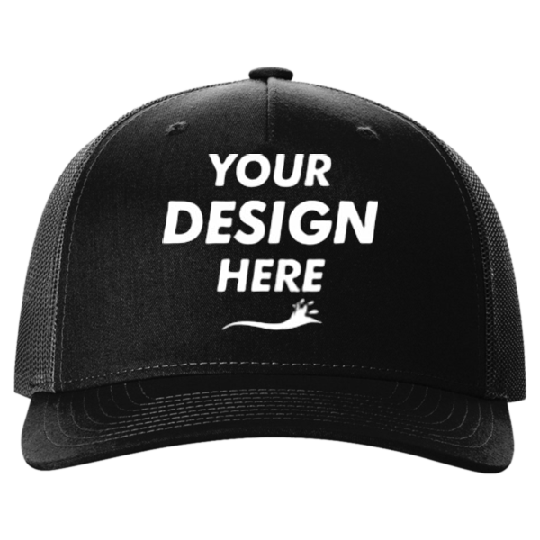 Richardson Five-Panel Trucker Cap, Black / Black / Black, Front view, Mockup