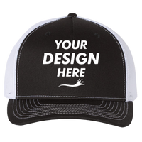 Richardson Five-Panel Trucker Cap, Black / White / White, Front view, Mockup