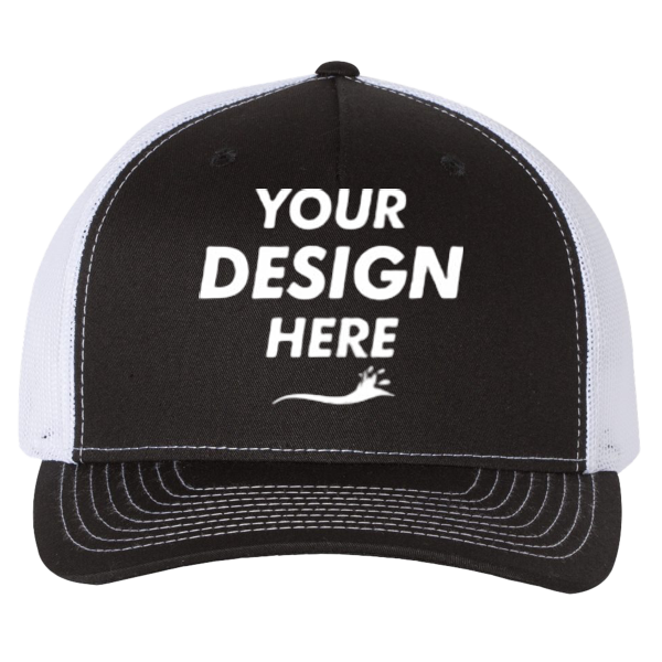Richardson Five-Panel Trucker Cap, Black / White / White, Front view, Mockup