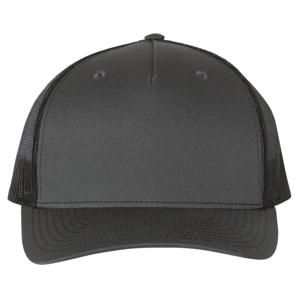Richardson Five-Panel Trucker Cap, Charcoal / Black / Black, Front view