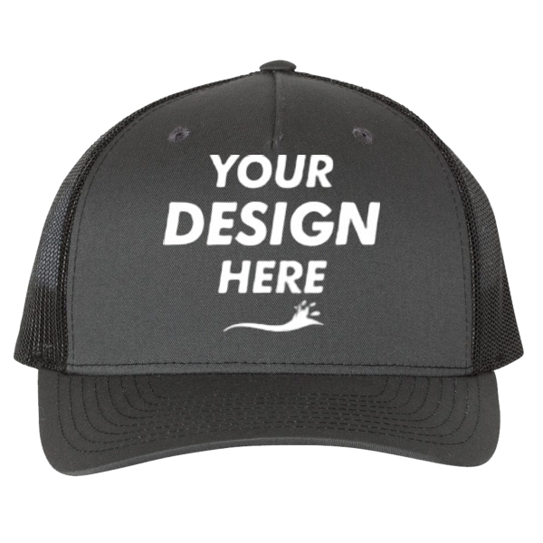 Richardson Five-Panel Trucker Cap, Charcoal / Black / Black, Front view, Mockup