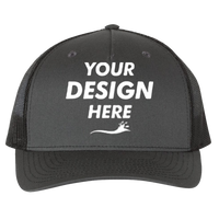 Richardson Five-Panel Trucker Cap, Charcoal / Black / Black, Front view, Mockup