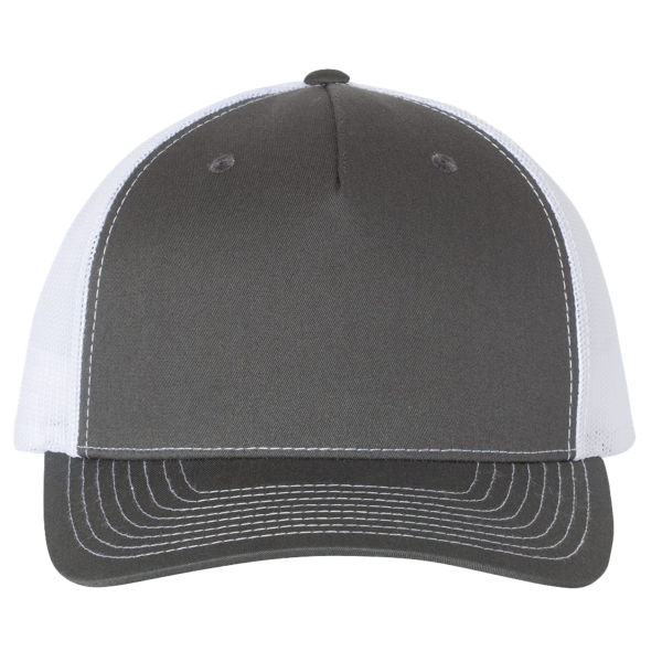 Richardson Five-Panel Trucker Cap, Charcoal / White / White, Front view