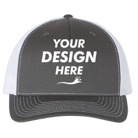 Richardson Five-Panel Trucker Cap, Charcoal / White / White, Front view, Mockup
