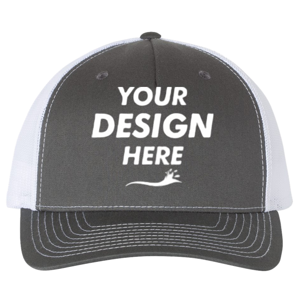 Richardson Five-Panel Trucker Cap, Charcoal / White / White, Front view, Mockup