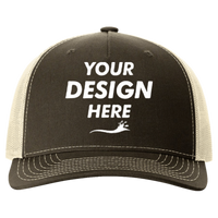 Richardson Five-Panel Trucker Cap, Chocolate Chip / Birch / Birch, Front view, Mockup
