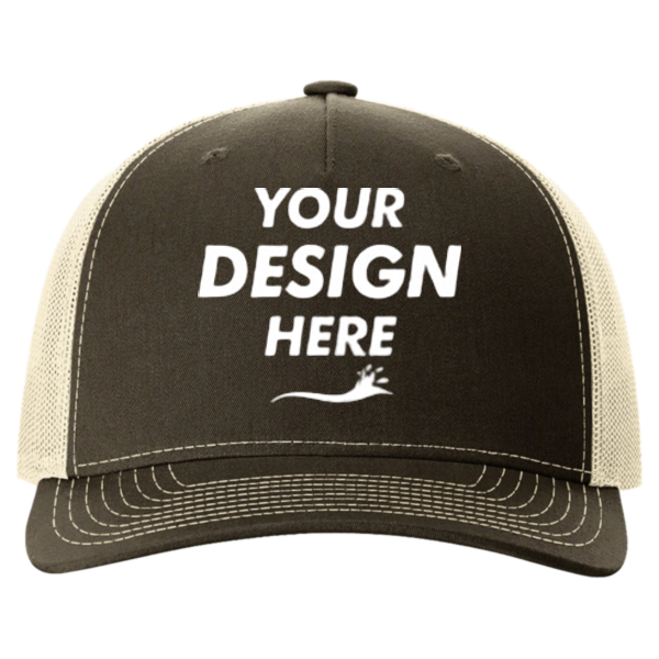 Richardson Five-Panel Trucker Cap, Chocolate Chip / Birch / Birch, Front view, Mockup