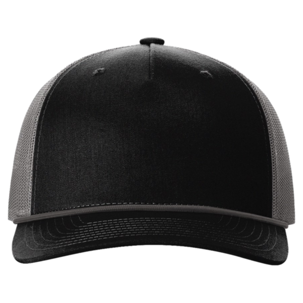 Richardson Five-Panel Trucker with Rope Cap, Black / Charcoal, Front view