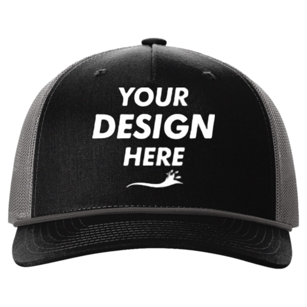 Richardson Five-Panel Trucker with Rope Cap, Black / Charcoal, Front view, Mockup