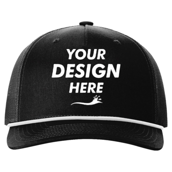 Richardson Five-Panel Trucker with Rope Cap, Black / White, Front view, Mockup