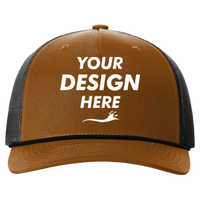 Richardson Five-Panel Trucker with Rope Cap, Caramel / Black, Front view, Mockup