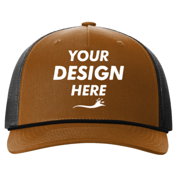 Richardson Five-Panel Trucker with Rope Cap, Caramel / Black, Front view, Mockup