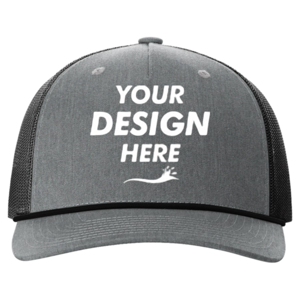 Richardson Five-Panel Trucker with Rope Cap, Heather Grey / Black, Front view, Mockup
